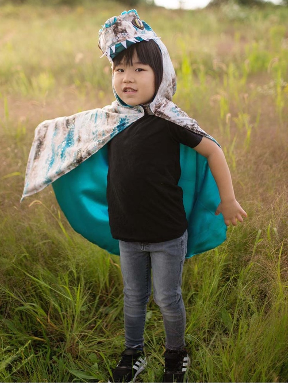 Great Pretenders NEW Costume Dinosaur Raptor Cloak Blue/Grey Sequin 5-6